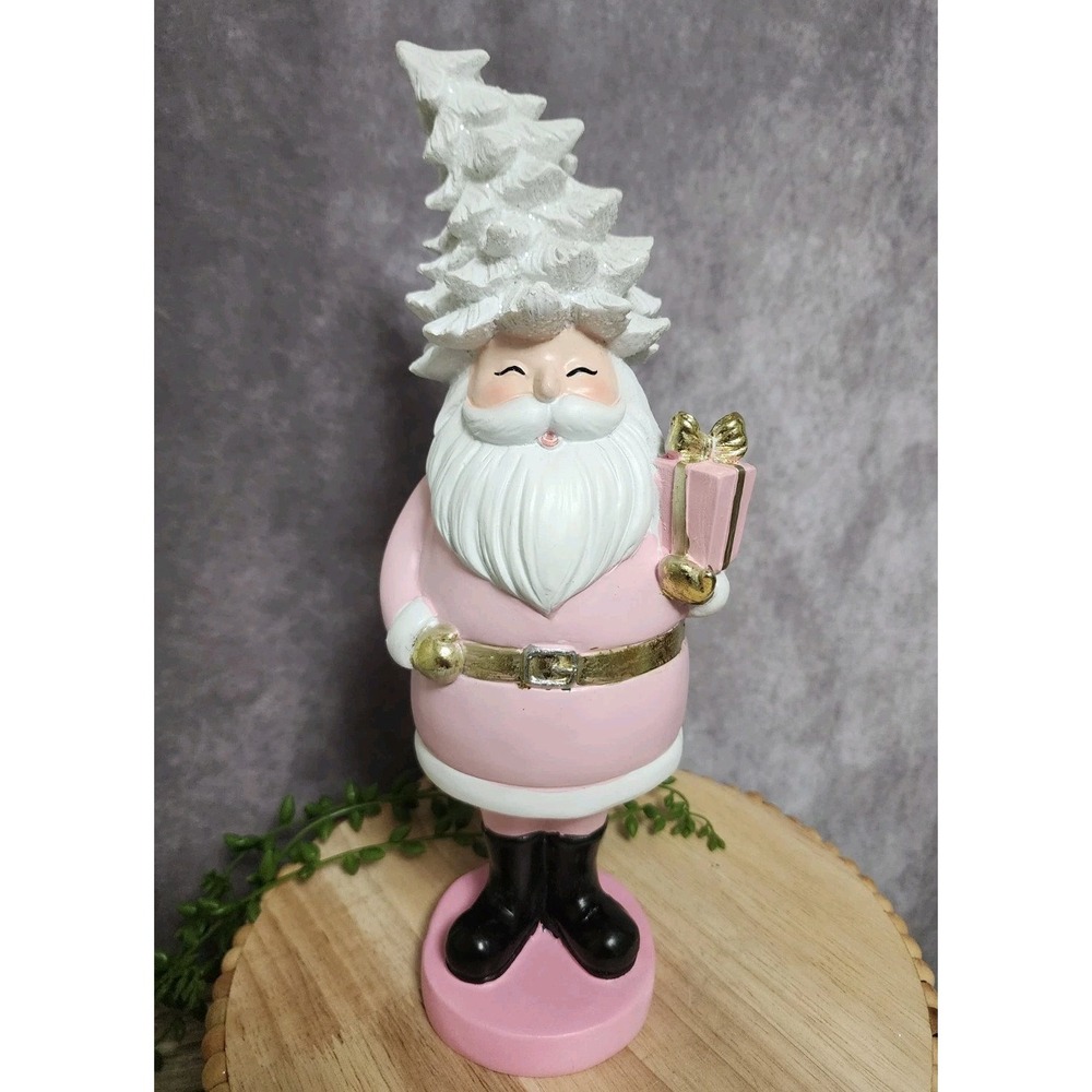 Pink Gold Santa Claus Christmas‎ Tree Hat Resin Figure Holding Gift Figurine 12"